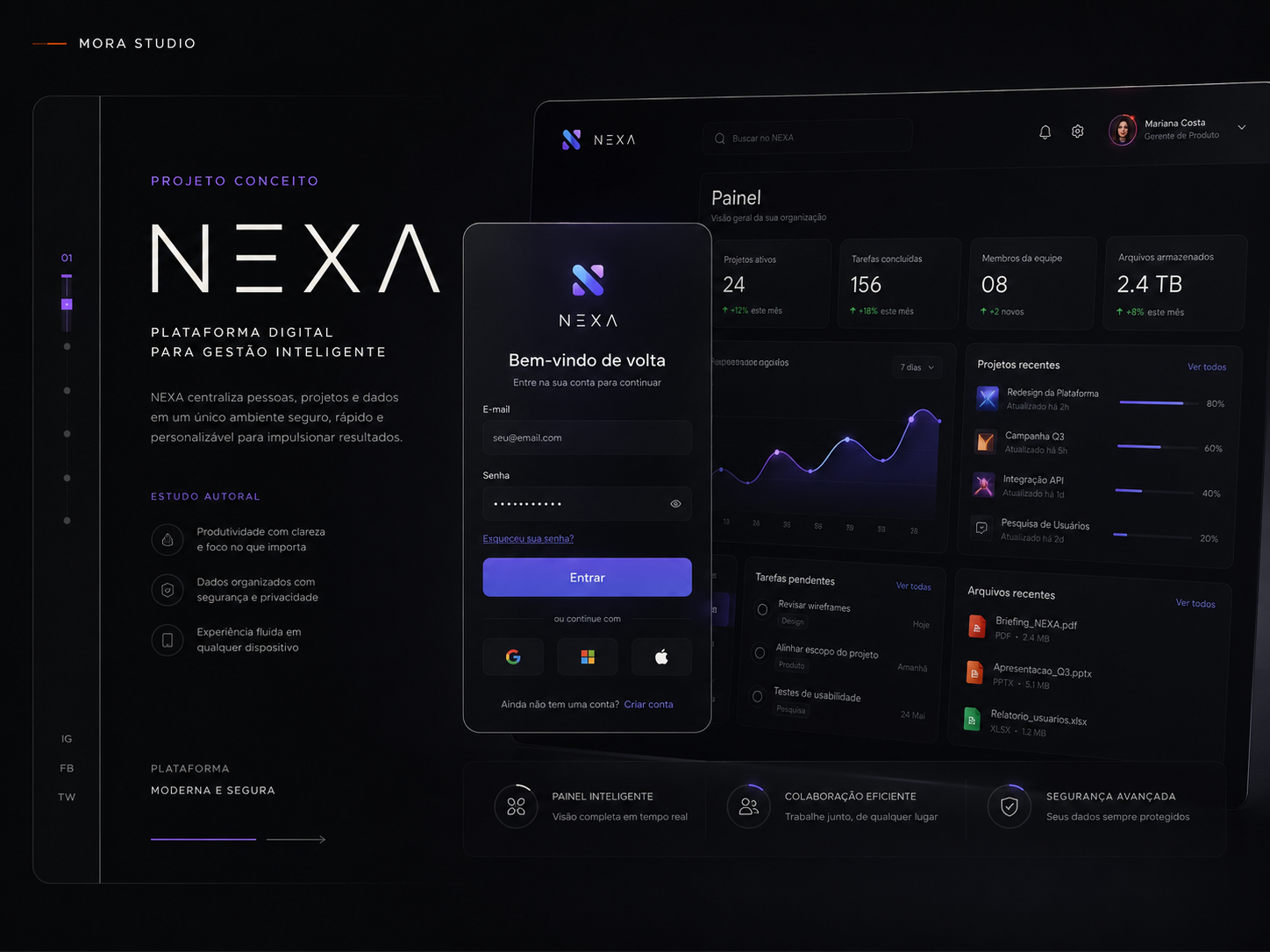 Interface autoral da NEXA com painel de gestão, projetos e arquivos