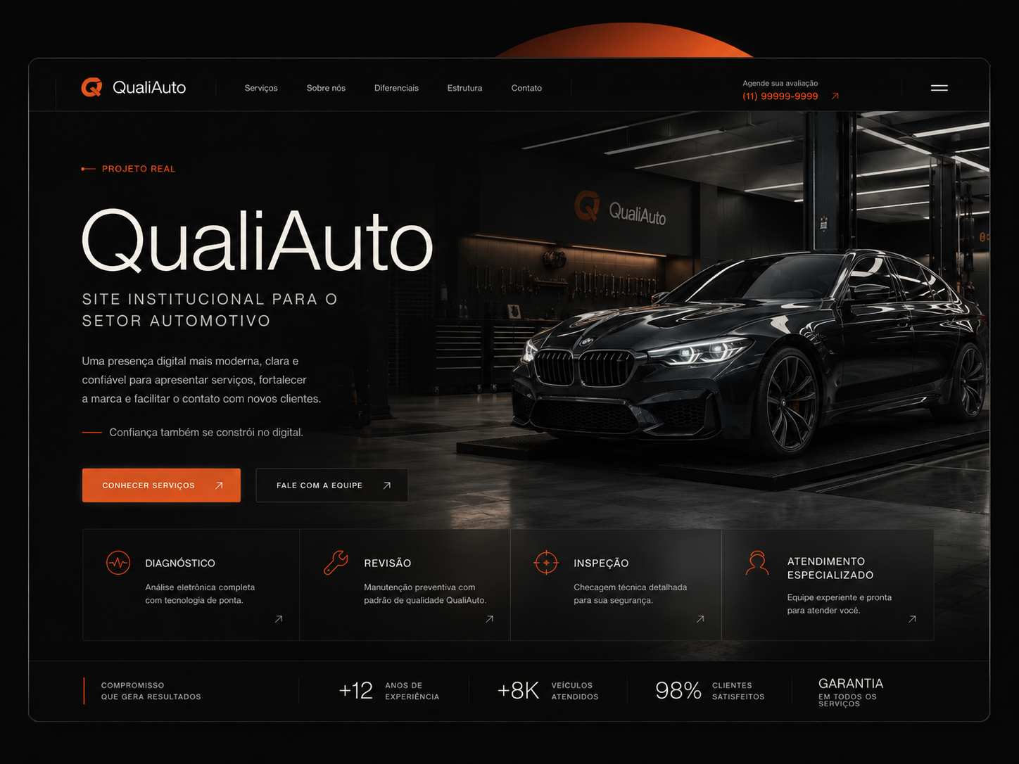 Site institucional real da QualiAuto com oficina premium e veículo em destaque
